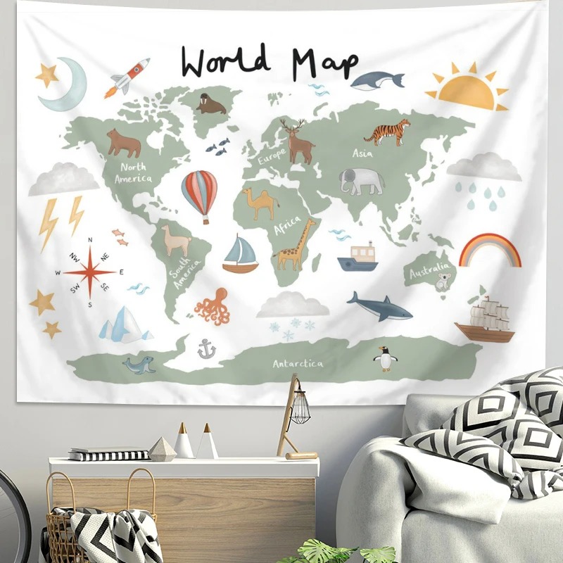 Cartoon wereldkaart dierentapi - Background For Kids Education recensie en prijs