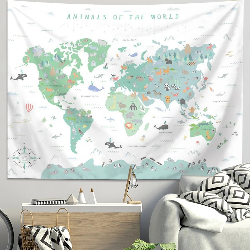 Cartoon wereldkaart dierentapi - Background For Kids Education recensie en prijs