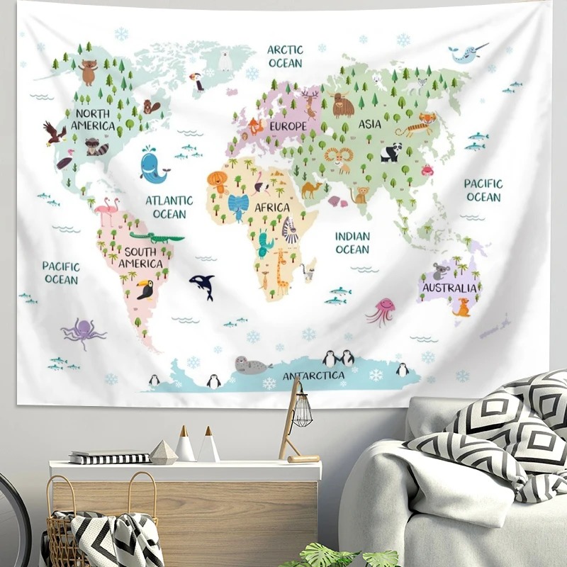 Cartoon wereldkaart dierentapi - Background For Kids Education recensie en prijs