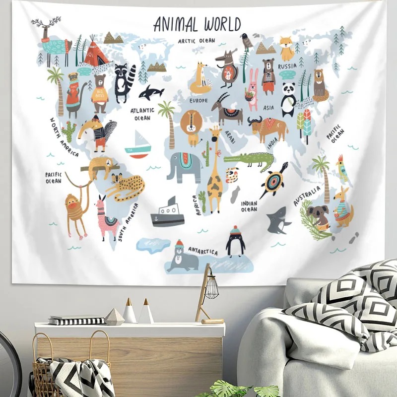 Cartoon wereldkaart dierentapi - Background For Kids Education recensie en prijs